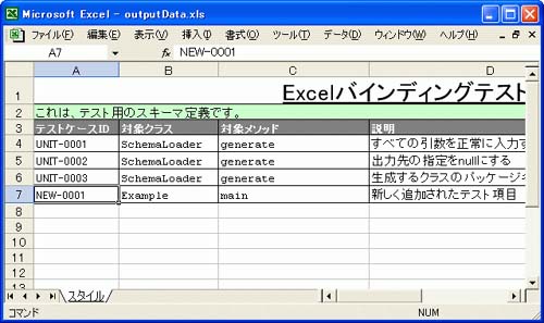 書き込まれるExcelファイル(outputData.xls) 書き込まれるExcelファイル(outputData.xls)