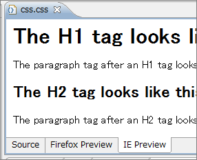 CSSエディタのタブを切り替えることで、主要要素の表示を確認できる