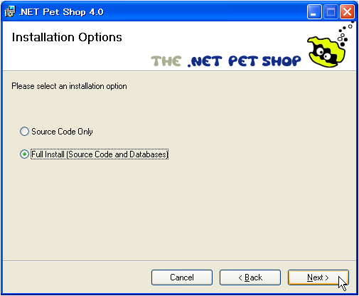図1 .NET Pet Shopインストールオプションの選択
