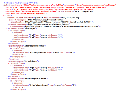 サンプルWSDLドキュメント(http://localhost:57772/csp/samples/SOAP.Demo.cls?WSDL) サンプルWSDLドキュメント(http://localhost:57772/csp/samples/SOAP.Demo.cls?WSDL)