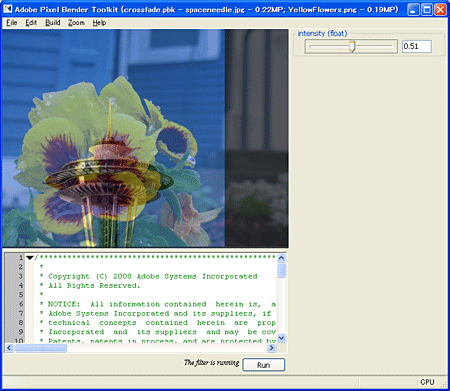 Pixel Bender Toolkit:右上のフェーダーにより2枚の画像を混ぜ合わせることができるサンプルプログラム Pixel Bender Toolkit:右上のフェーダーにより2枚の画像を混ぜ合わせることができるサンプルプログラム