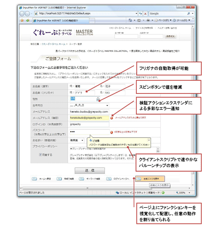 InputMan for ASP.NET 3.0Jを使用して作成した入力フォームのイメージ(※プレスリリースより転載)