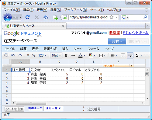 図1:Googleスプレッドシート
