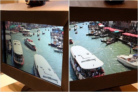 マジックキューブ：画面の左方向から右側の視点で画像が見える（左）、左方向からの見え方と右方向からの見え方を比べてほしい（右）