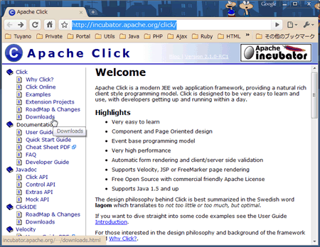 Apache ClickのWebサイト。［Download］リンクをクリックし、最新版をダウンロードできる