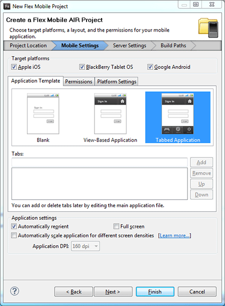 図1. Flash Builder 4.5のモバイルプロジェクトウィザード