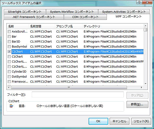 ［WPFコンポーネント］でアセンブリ名が「C1.WPF.C1Chart」の「C1Chart」コントロールを選択する