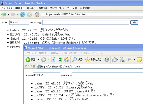 FirefoxとIEでテスト中(他のマシンからSafariでもアクセス) FirefoxとIEでテスト中(他のマシンからSafariでもアクセス)