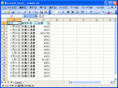 旅費交通費のデータのみ表示された